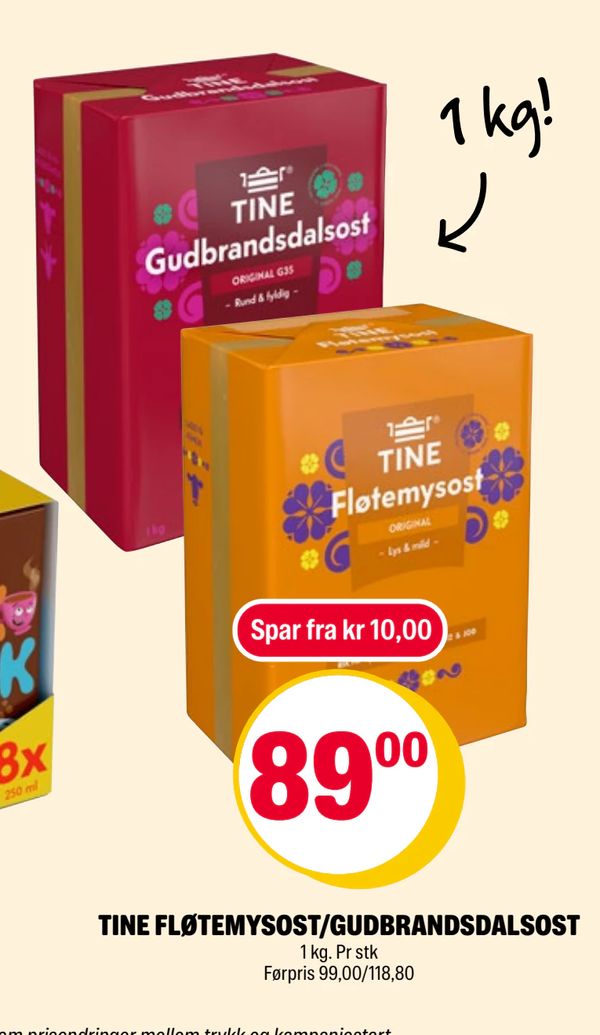 TINE FLØTEMYSOST/GUDBRANDSDALSOST 1 kg. Pr stk Førpris 99,00/118,80 Spar fra kr 10,00
