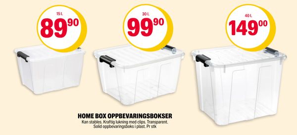 HOME BOX OPPBEVARINGSBOKSER 15 l. 30 l. 40 l. Kan stables. Kraftig lukning med clips. Transparent. Solid oppbevaringsboks i plast. Pr stk