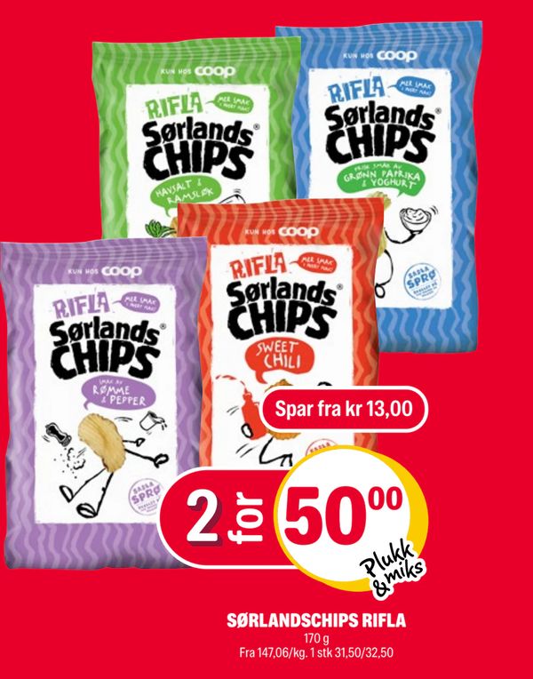 SØRLANDSCHIPS RIFLA Spar fra kr 13,00 2 for 50,00 Plukk & miks 170 g Fra 147,06/kg. 1 stk 31,50/32,50