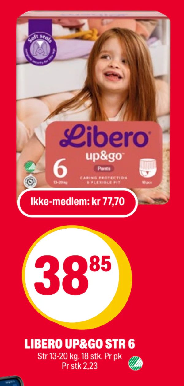 LIBERO UP&GO STR 6 Str 13-20 kg. 18 stk. Pr pk Pr stk 2,23 Ikke-medlem: kr 77,70