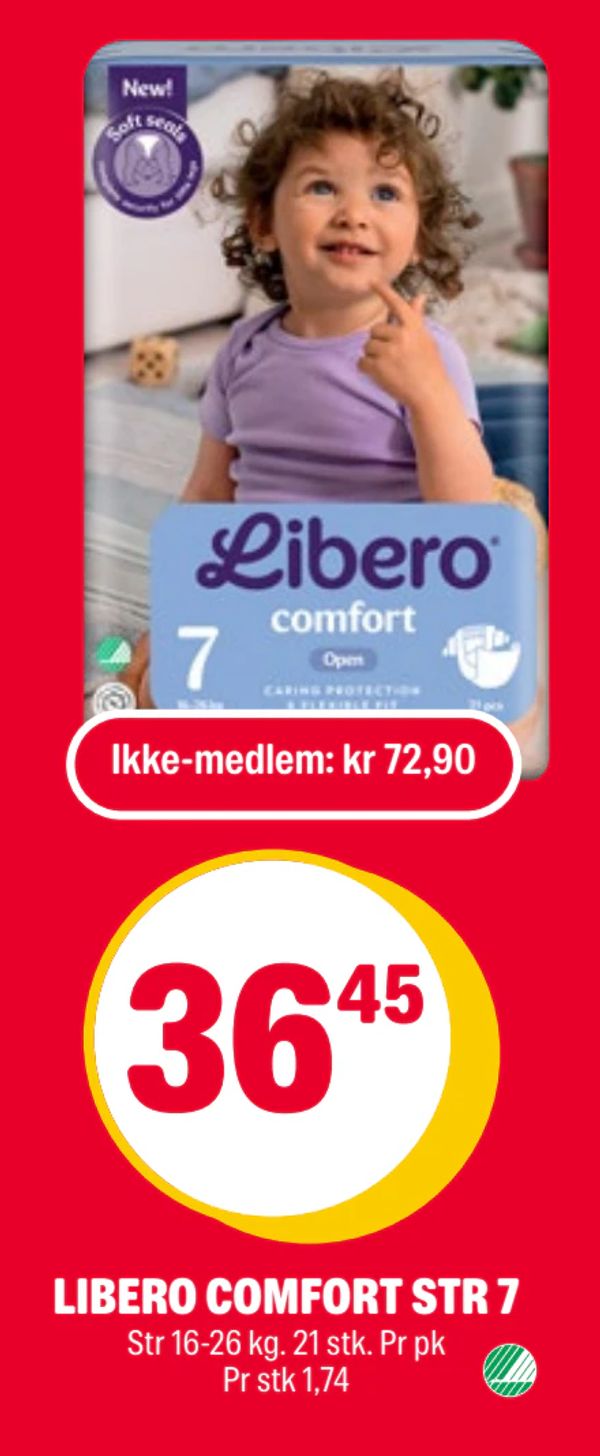 LIBERO COMFORT STR 7 Str 16-26 kg. 21 stk. Pr pk Pr stk 1,74 Ikke-medlem: kr 72,90