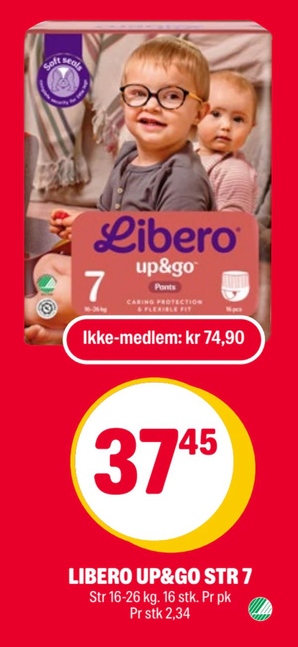 LIBERO UP&GO STR 7 Str 16-26 kg. 16 stk. Pr pk Pr stk 2,34 Ikke-medlem: kr 74,90