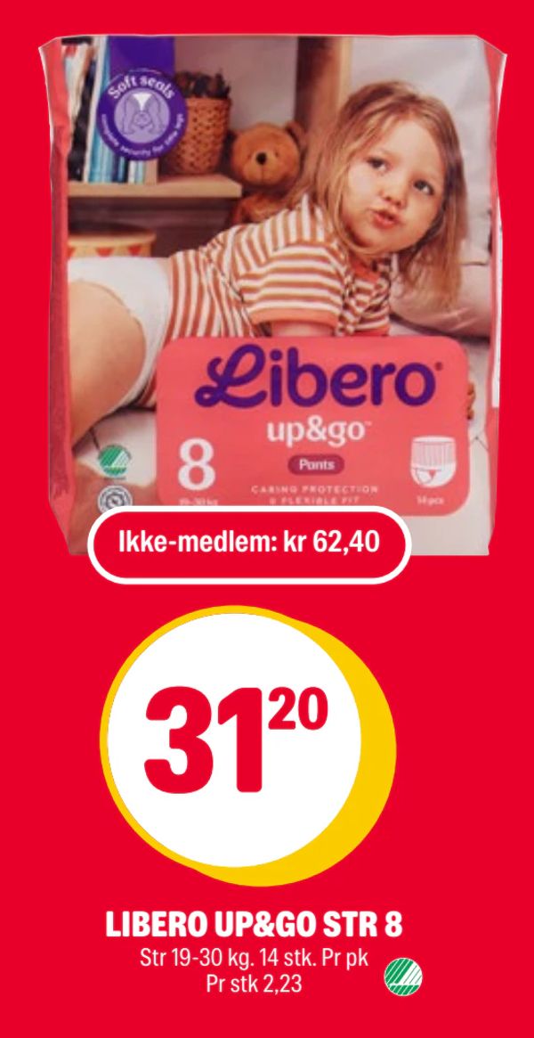 LIBERO UP&GO STR 8 Str 19-30 kg. 14 stk. Pr pk Pr stk 2,23 Ikke-medlem: kr 62,40