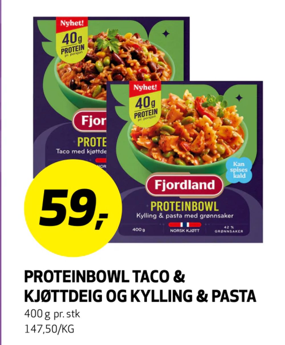 Proteinbowl Taco & Kjøttdeig og Kylling & Pasta