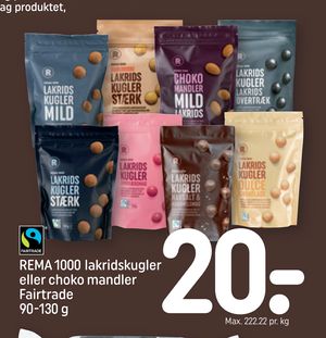 REMA 1000 lakridskugler eller choko mandler Fairtrade 90-130 g