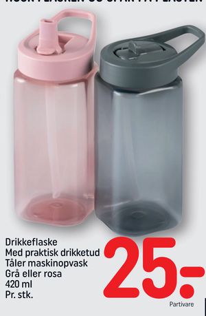Drikkeflaske Med praktisk drikketud Tåler maskinopvask Grå eller rosa 420 ml Pr. stk.