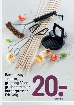 Bambusspyd 1 meter, grilltang 30 cm, grillbørste eller burgerpresser Frit valg