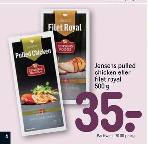Jensens pulled chicken eller filet royal 500 g