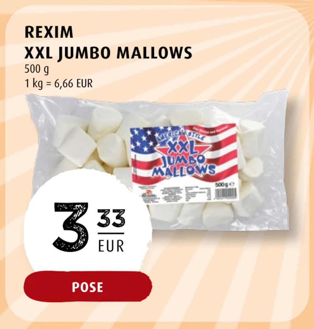 Tilbud på REXIM XXL JUMBO MALLOWS fra Scandinavian Park til 3,33 €