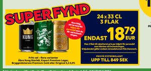 Åbro Kung Starköl, Export Premium Lager, Bryggmästarens Premium Gold eller Original 5,2-5,9%.