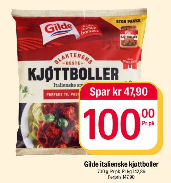 Gilde italienske kjøttboller 700 g. Pr pk. Pr kg 142,86 Førpris 147,90
Spar kr 47,90