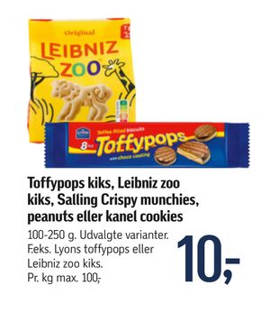 Toffypops kiks, Leibniz zoo kiks, Salling Crispy munchies, peanuts eller kanel cookies