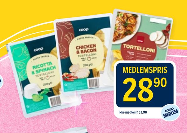 Tortelloni coop PASTA FRESCA RICOTTA & SPINACH TORTELLONI 250 g e CHICKEN & BACON TORTELLONI 250 g e Ikke medlem? 33,90