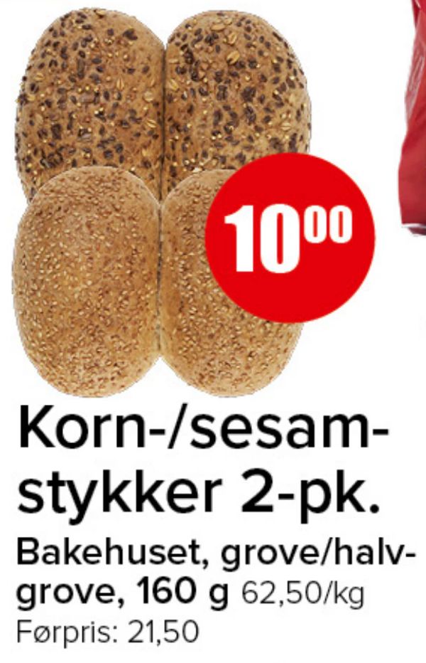Korn-/sesamstykker 2-pk. Bakehuset, grove/halv-grove, 160 g 62,50/kg Førpris: 21,50
