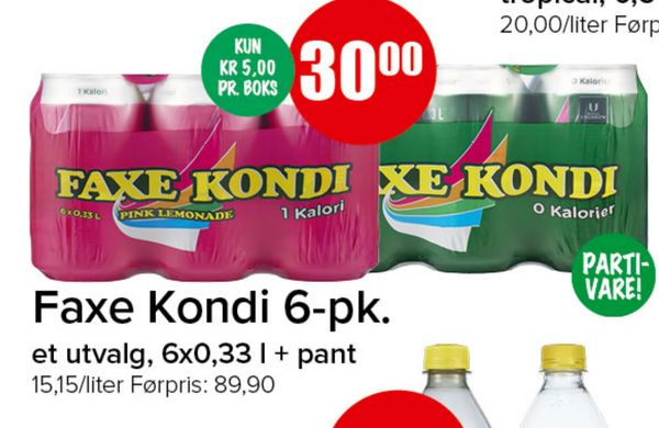 Faxe Kondi 6-pk. et utvalg, 6x0,33 l + pant 15,15/liter Førpris: 89,90 KUN KR 5,00 PR. BOKS PARTIVARE!
