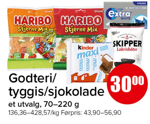 Godteri/tyggis/sjokolade et utvalg, 70–220 g 136,36–428,57/kg Førpris: 43,90–56,90