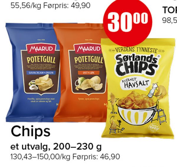 Chips et utvalg, 200–230 g
130,43–150,00/kg Førpris: 46,90