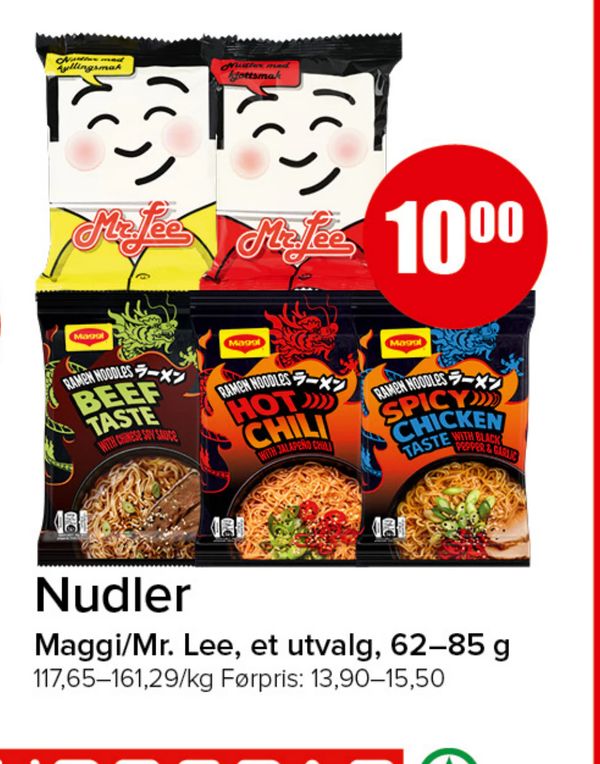 Nudler Maggi/Mr. Lee, et utvalg, 62–85 g 117,65–161,29/kg Førpris: 13,90–15,50