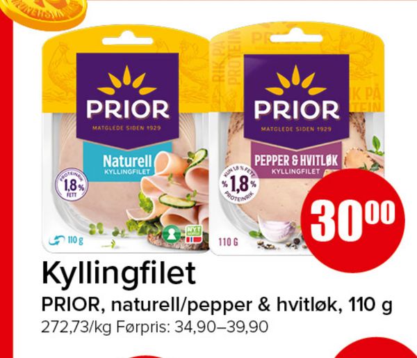 Kyllingfilet PRIOR, naturell/pepper & hvitløk, 110 g 272,73/kg Førpris: 34,90–39,90