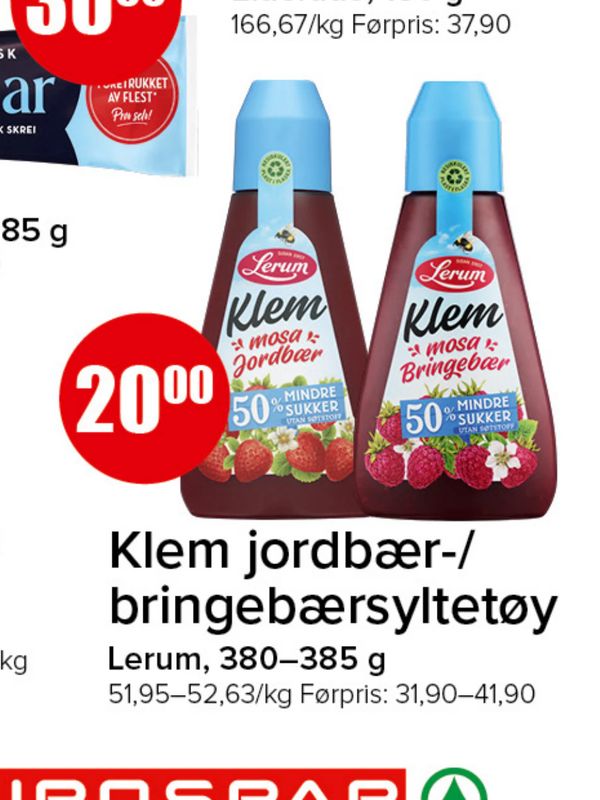 Klem jordbær-/bringebærsyltetøy Lerum, 380–385 g 51,95–52,63/kg Førpris: 31,90–41,90