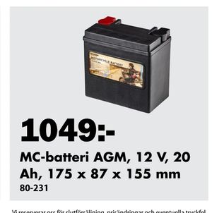 MC-batteri AGM, 12 V, 20 Ah, 175 x 87 x 155 mm