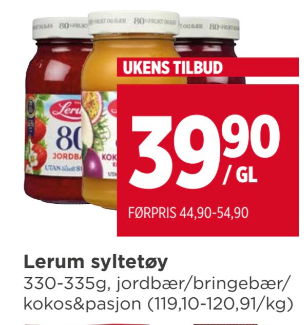 Lerum syltetøy 330-335g, jordbær/bringebær/ kokos&pasjon (119,10-120,91/kg)