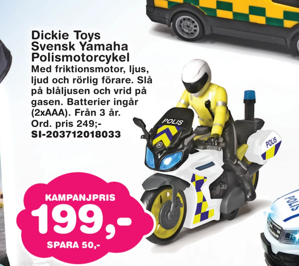 Erbjudanden på Dickie Toys Svensk Yamaha Polismotorcykel från Lekextra för 199 kr