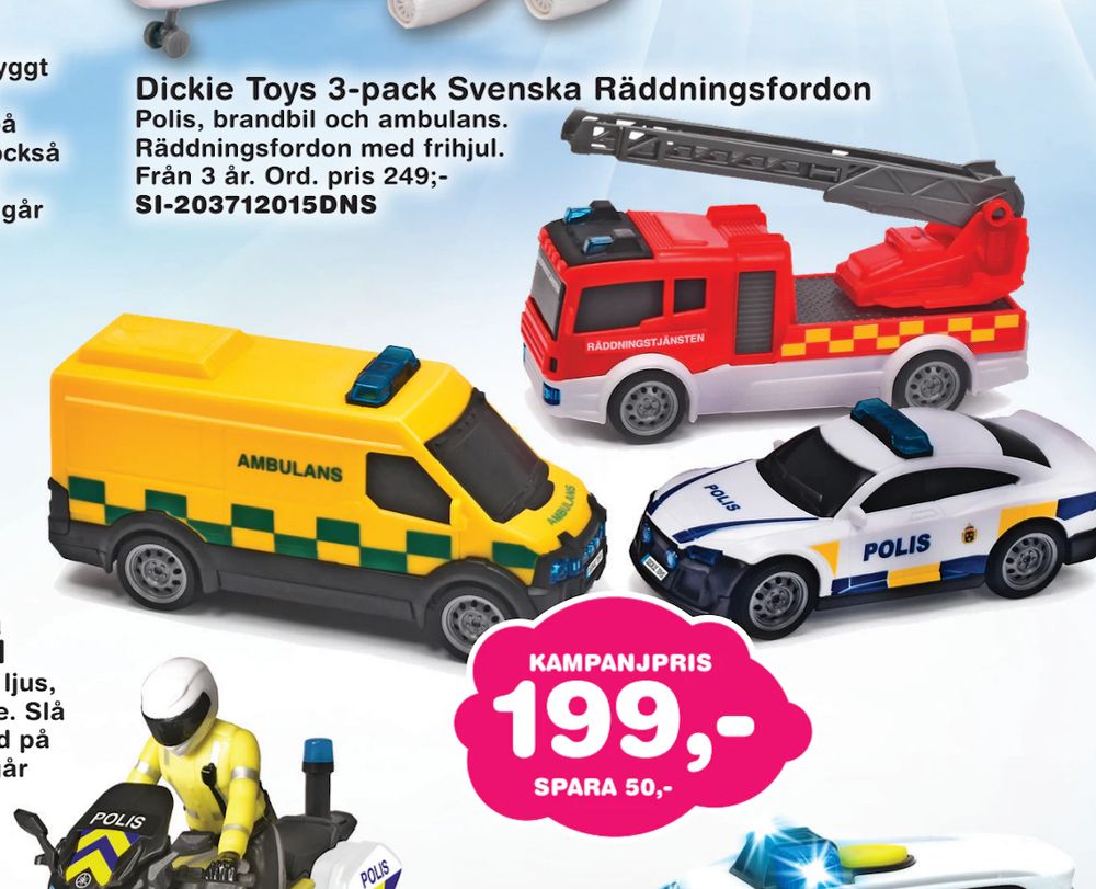 Erbjudanden på Dickie Toys 3-pack Svenska Räddningsfordon från Lekextra för 199 kr