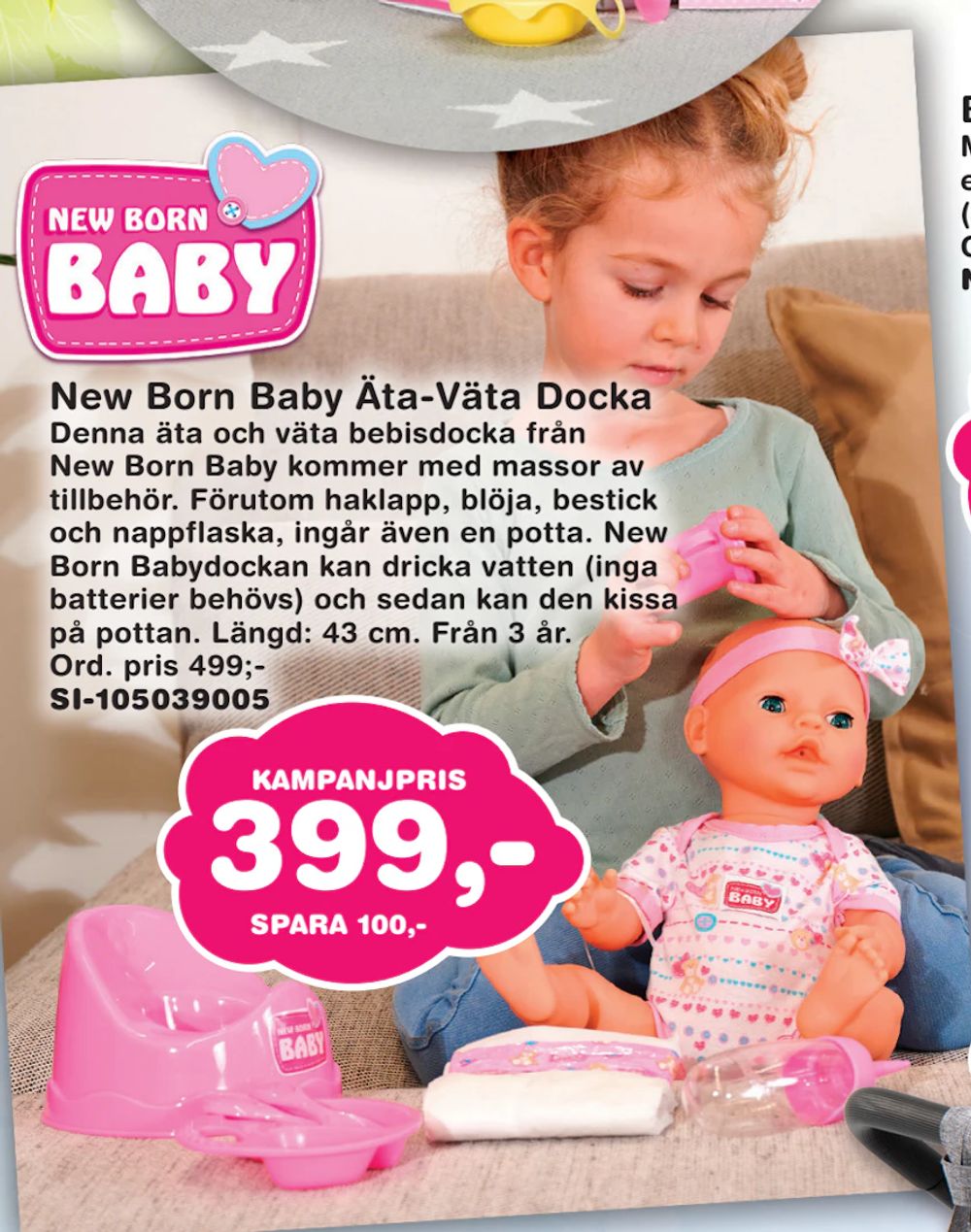 Erbjudanden på New Born Baby Äta-Väta Docka från Lekextra för 399 kr