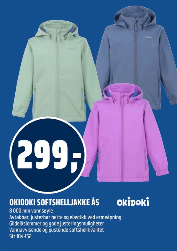 OKIDOKI SOFTSHELLJAKKE ÅS 299,-
OKIDOKI
8 000 mm vannsøyle
Avtakbar, justerbar hette og elastikk ved ermeåpning
Glidelåslommer og gode justeringsmuligheter
Vannavvisende og pustende softshellkvalitet
Str 104-152