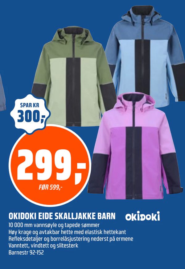 OKIDOKI EIDE SKALLJAKKE BARN SPAR KR
300,-
299,-
FØR 599,-
OKIDOKI
10 000 mm vannsøyle og tapede sømmer
Høy krage og avtakbar hette med elastisk hettekant
Refleksdetaljer og borrelåsjustering nederst på ermene
Vanntett, vindtett og slitesterk
Barnestr 92-152