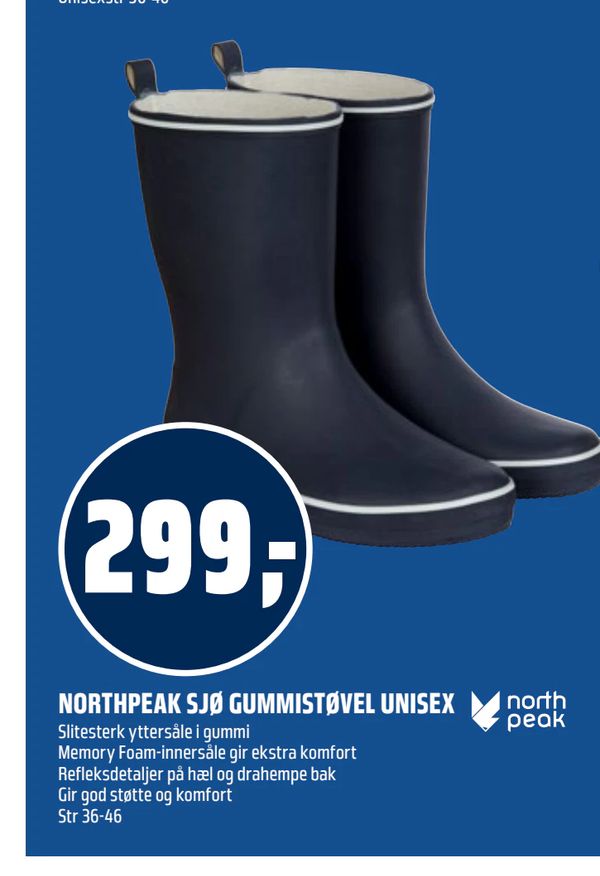 NORTHPEAK SJØ GUMMISTØVEL UNISEX north peak Slitesterk yttersåle i gummi Memory Foam-innersåle gir ekstra komfort Refleksdetaljer på hæl og drahempe bak Gir god støtte og komfort Str 36-46