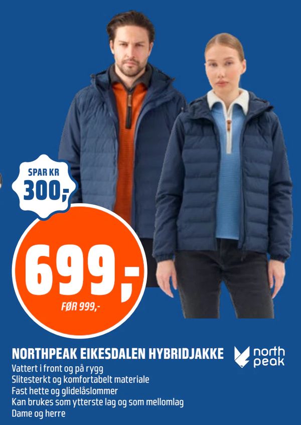 NORTHPEAK EIKESDALEN HYBRIDJAKKE SPAR KR 300,- FØR 999,- Vattert i front og på rygg Slitesterkt og komfortabelt materiale Fast hette og glidelåslommer Kan brukes som ytterste lag og som mellomlag Dame og herre north peak