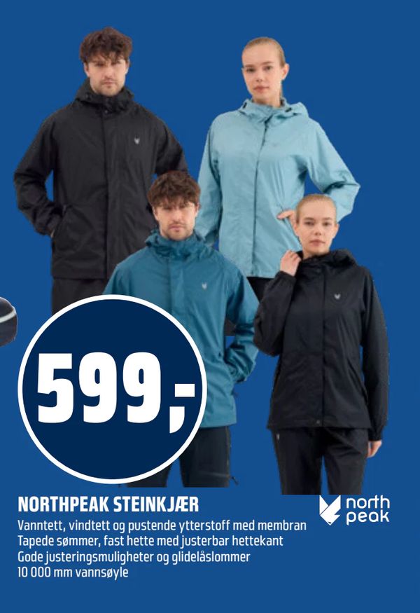 NORTHPEAK STEINKJÆR north peak Vanntett, vindtett og pustende ytterstoff med membran Tapede sømmer, fast hette med justerbar hettekant Gode justeringsmuligheter og glidelåslommer 10 000 mm vannsøyle