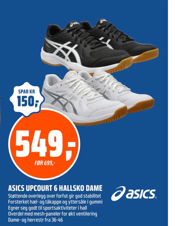 ASICS UPCOURT 6 HALLSKO DAME SPAR KR 150,- FØR 699,- Støttende overlegg over forfot gir god stabilitet Forsterket hæl- og tåkappe og yttersåle i gummi Egner seg godt til sportsaktiviteter i hall Overdel med mesh-paneler for økt ventilering Dame- og herrestr fra 36-46 asics