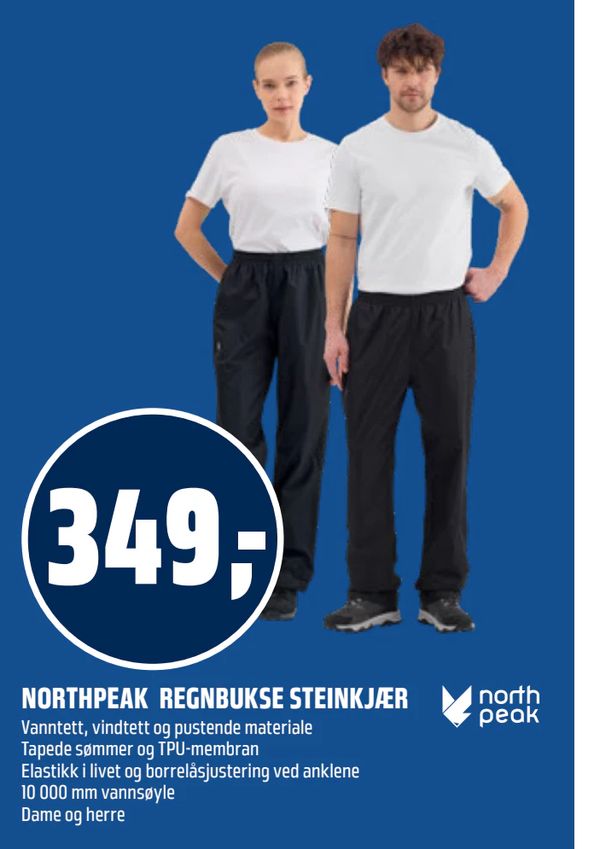 NORTHPEAK REGNBUKSE STEINKJÆR north peak Vanntett, vindtett og pustende materiale Tapede sømmer og TPU-membran Elastikk i livet og borrelåsjustering ved anklene 10 000 mm vannsøyle Dame og herre
