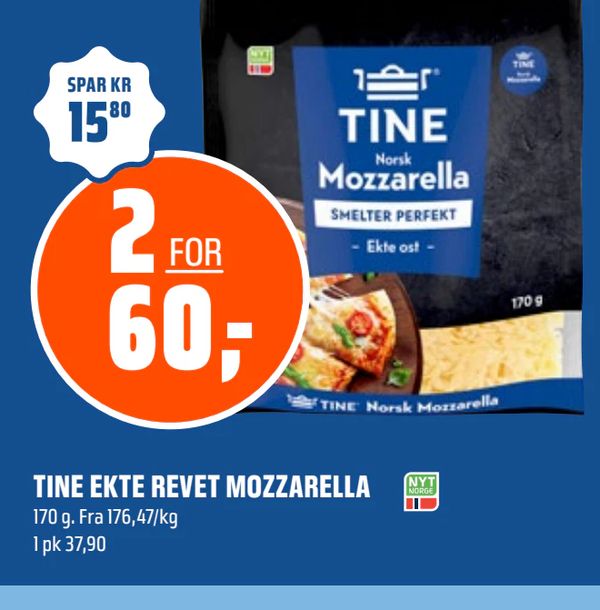 TINE EKTE REVET MOZZARELLA 2 FOR 60,- 170 g. Fra 176,47/kg 1 pk 37,90 SPAR KR 15,80