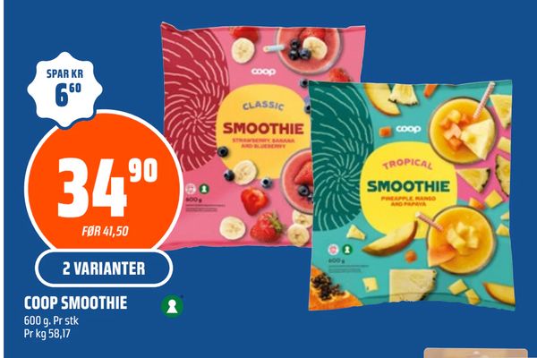 COOP SMOOTHIE SPAR KR 6,60 FØR 41,50 2 VARIANTER 600 g. Pr stk Pr kg 58,17