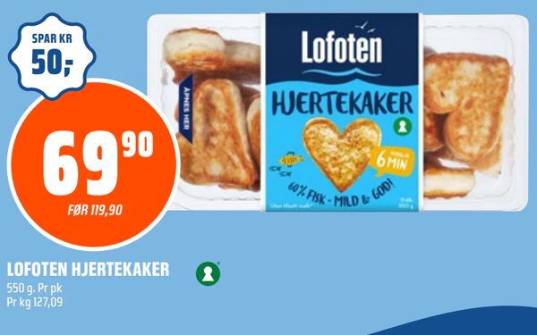 LOFOTEN HJERTEKAKER 550 g. Pr pk Pr kg 127,09. 69,90. FØR 119,90. SPAR KR 50,-.