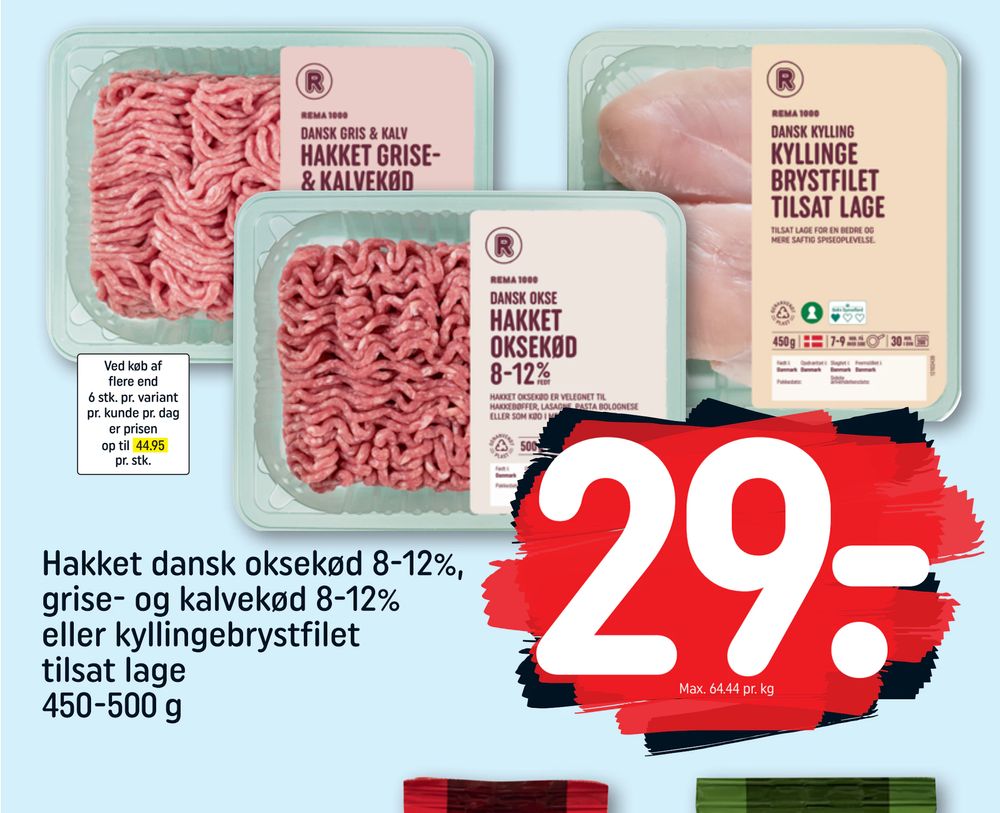 Tilbud på Hakket dansk oksekød 8-12%, grise- og kalvekød 8-12% eller kyllingebrystfilet tilsat lage 450-500 g fra REMA 1000 til 29 kr.
