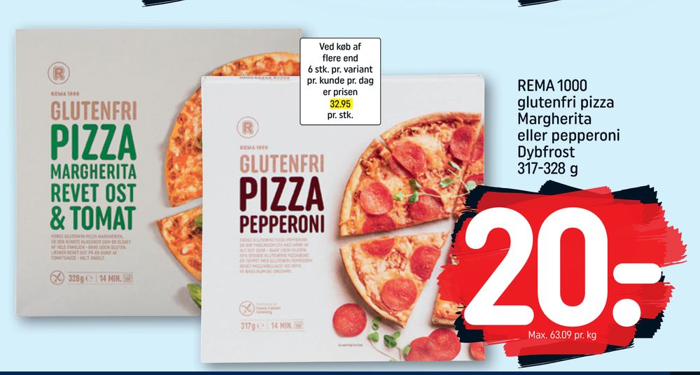 Tilbud på REMA 1000 glutenfri pizza Margherita eller pepperoni Dybfrost 317-328 g fra REMA 1000 til 20 kr.