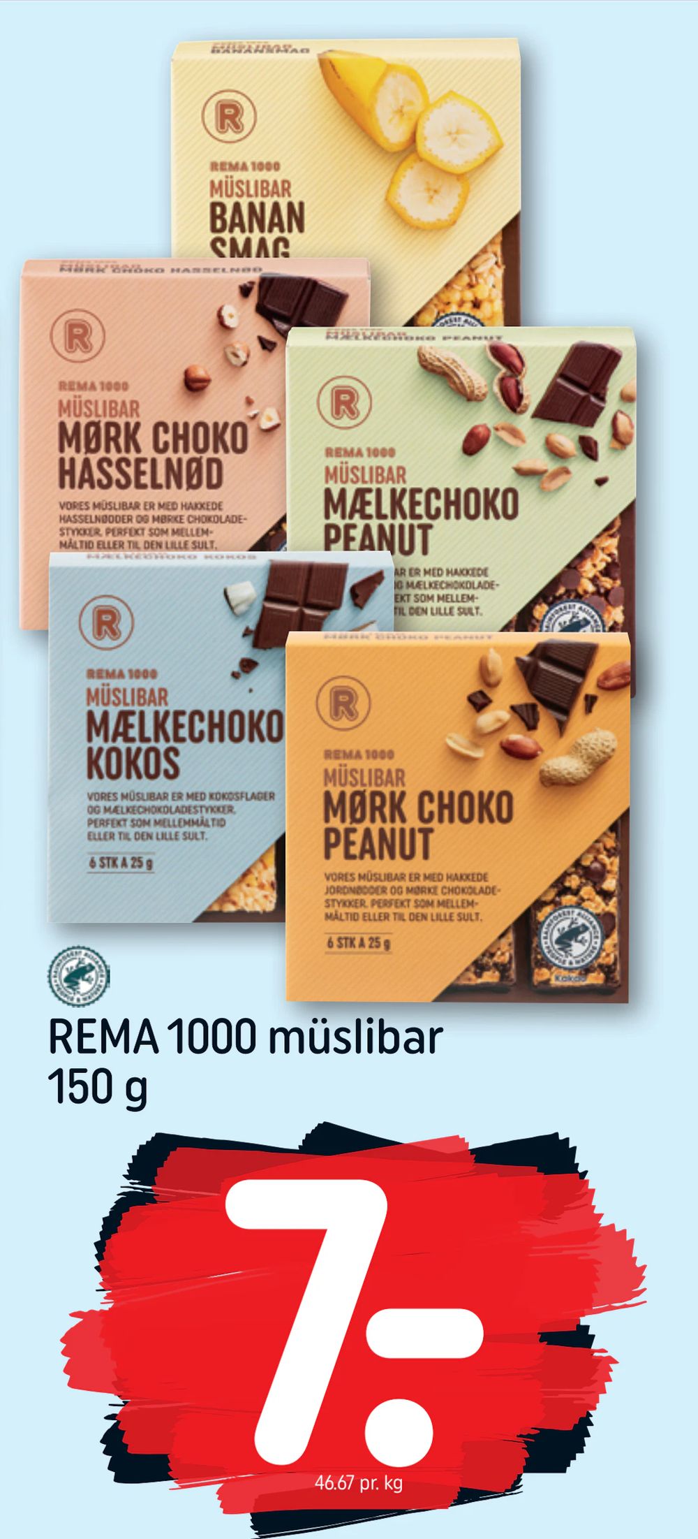 Tilbud på REMA 1000 müslibar 150 g fra REMA 1000 til 7 kr.