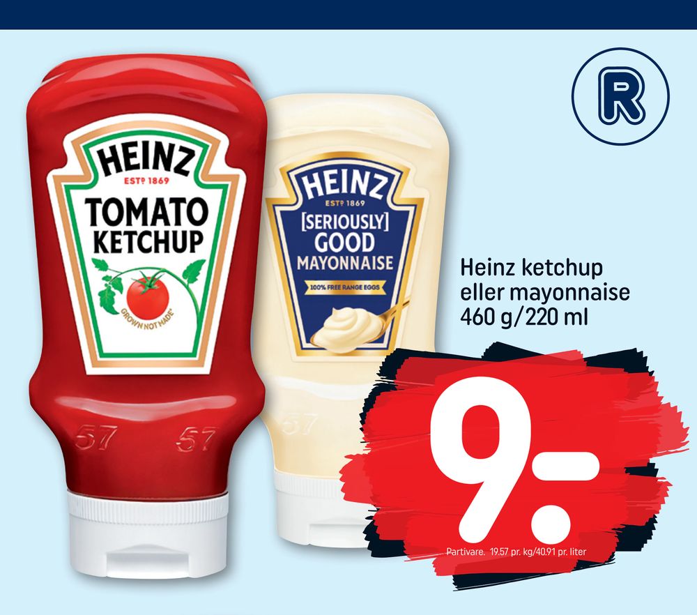 Tilbud på Heinz ketchup eller mayonnaise 460 g/220 ml fra REMA 1000 til 9 kr.