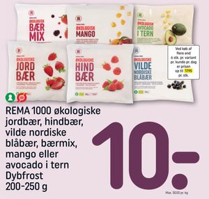 REMA 1000 økologiske jordbær, hindbær, vilde nordiske blåbær, bærmix, mango eller avocado i tern Dybfrost 200-250 g