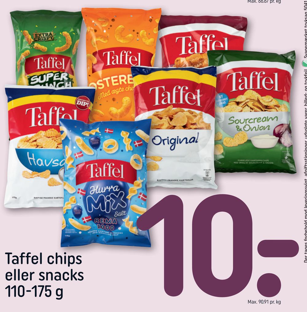 Tilbud på Taffel chips eller snacks 110-175 g fra REMA 1000 til 10 kr.