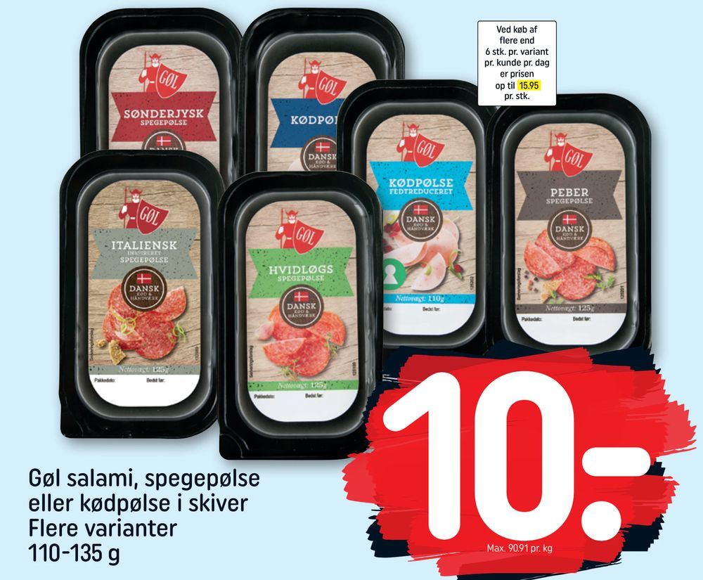 Tilbud på Gøl salami, spegepølse eller kødpølse i skiver Flere varianter 110-135 g fra REMA 1000 til 10 kr.