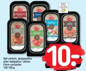 Gøl salami, spegepølse eller kødpølse i skiver Flere varianter 110-135 g