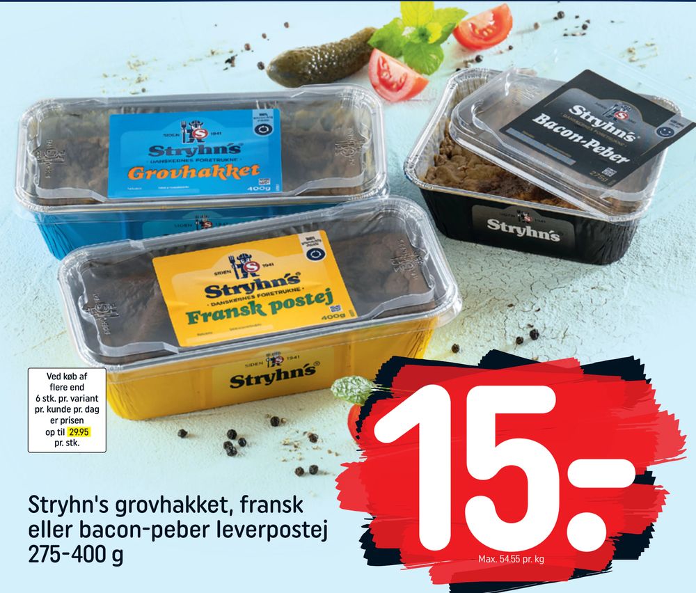 Tilbud på Stryhn's grovhakket, fransk eller bacon-peber leverpostej 275-400 g fra REMA 1000 til 15 kr.
