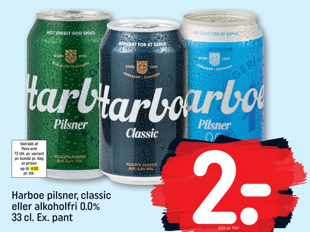 Tilbud på Harboe pilsner, classic eller alkoholfri 0.0% 33 cl. Ex. pant fra REMA 1000 til 2 kr.