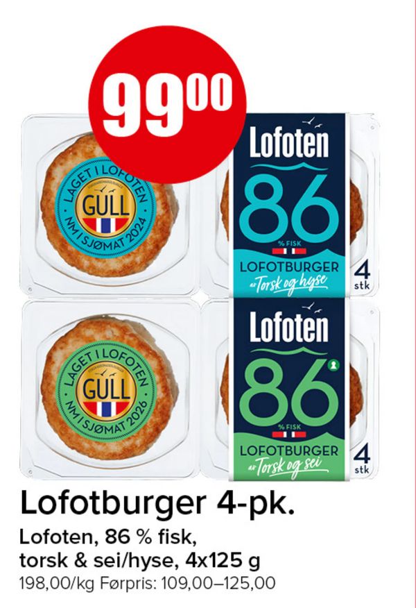 Lofotburger 4-pk. Lofoten, 86 % fisk, torsk & sei/hyse, 4x125 g 198,00/kg Førpris: 109,00–125,00
